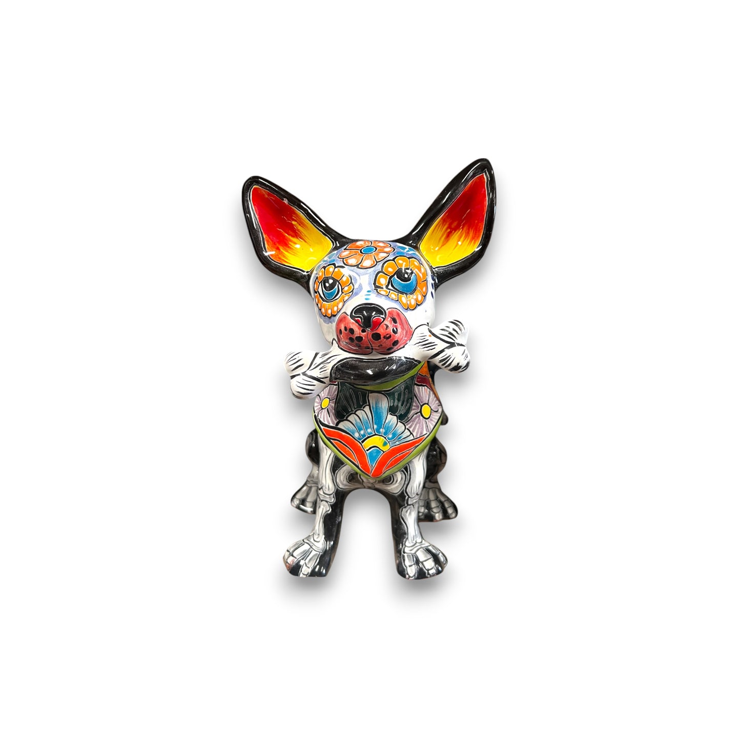 Talavera Chihuahua Holding Bone | Day of the Dead Dog Figurine